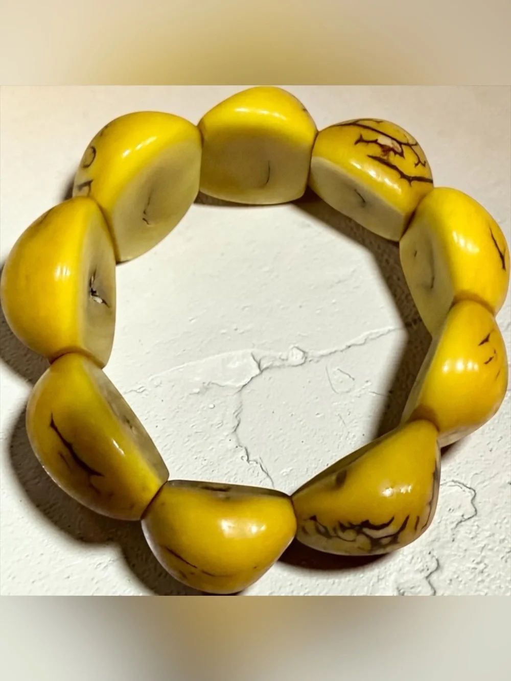 VTG 1970’s Yellow Tagua Nut Chunky Boho Bracelet Amazon Rain Forest Peru Region